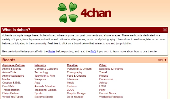 Screenshot homepage of 4chan