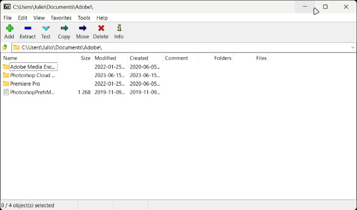 7 Zip file manager interface showing Adobe program folders