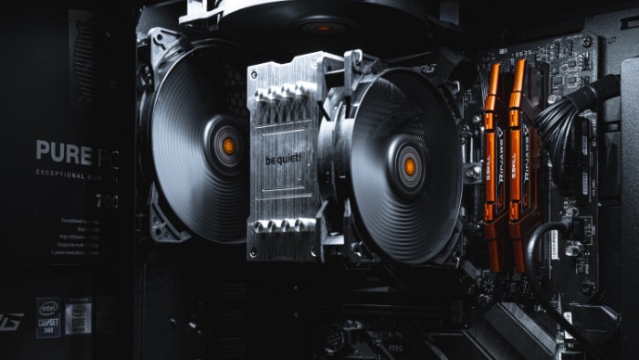A be quiet CPU cooler and G.SKILL RAM on a motherboard