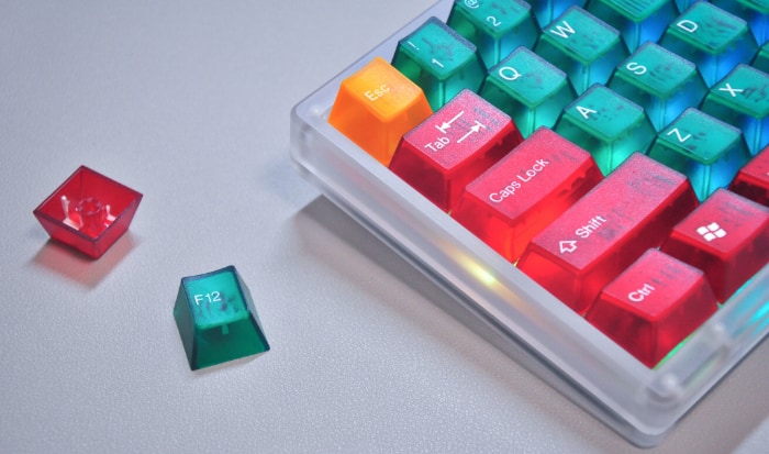 A mechanical keyboard with colorful keycaps removed