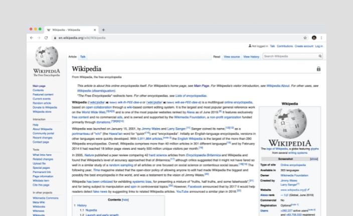 A screenshot of Wikipedias desktop interface showing the main article about Wikipedia
