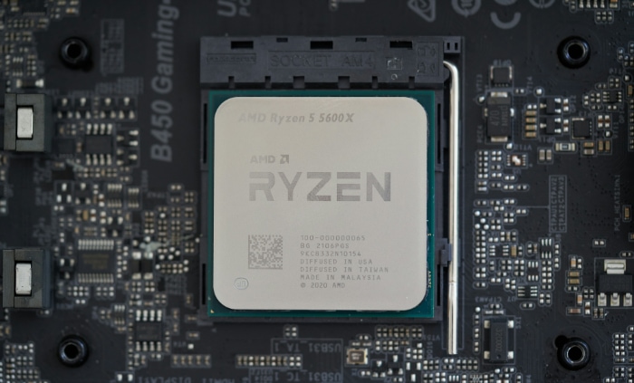 AMD Ryzen 5 5600X CPU installed on a B450 motherboard