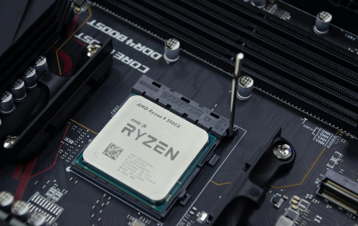 AMD Ryzen 9 5900X CPU installed on a gaming motherboard