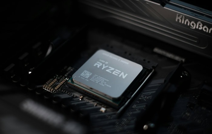 AMD Ryzen processor chip installed on a computer motherboard