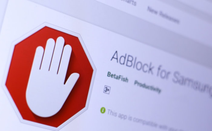 AdBlock logo and app listing for Samsung Internet browser