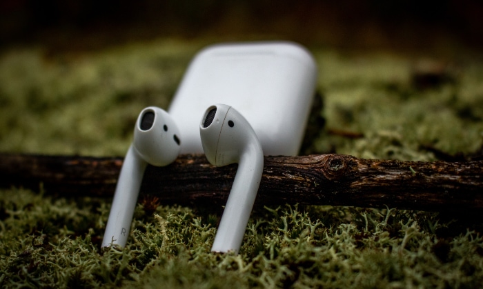 AirPods with case resting on a mossy log