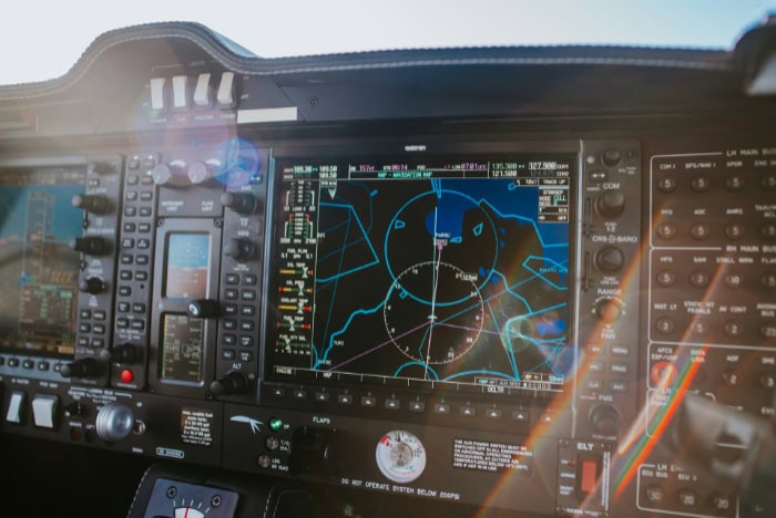 Aircraft cockpit display showing GPS navigation