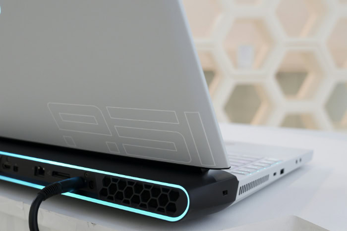 Alienware gaming laptop rear ports with RGB lighting