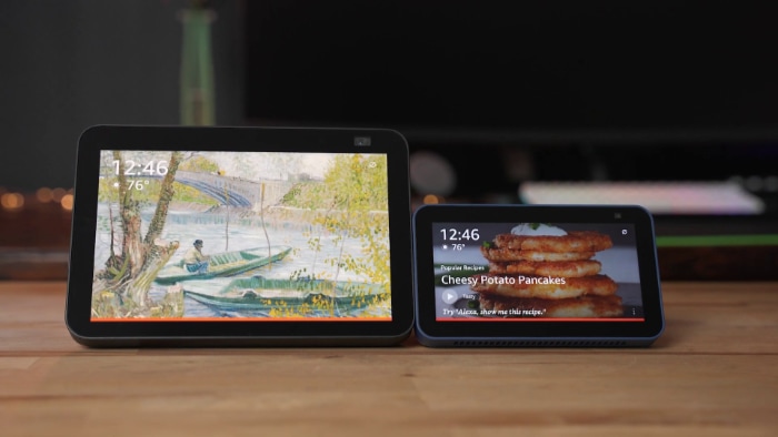 Amazon Echo Show 5 vs. Echo Show 8 wooden on table