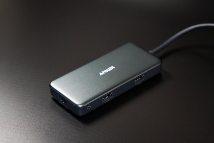 Anker multiport USB C hub on a dark background