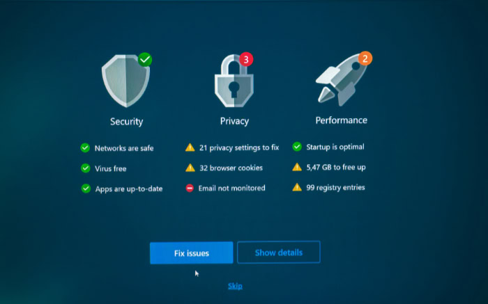 Antivirus scan results showing privacy and performance issues
