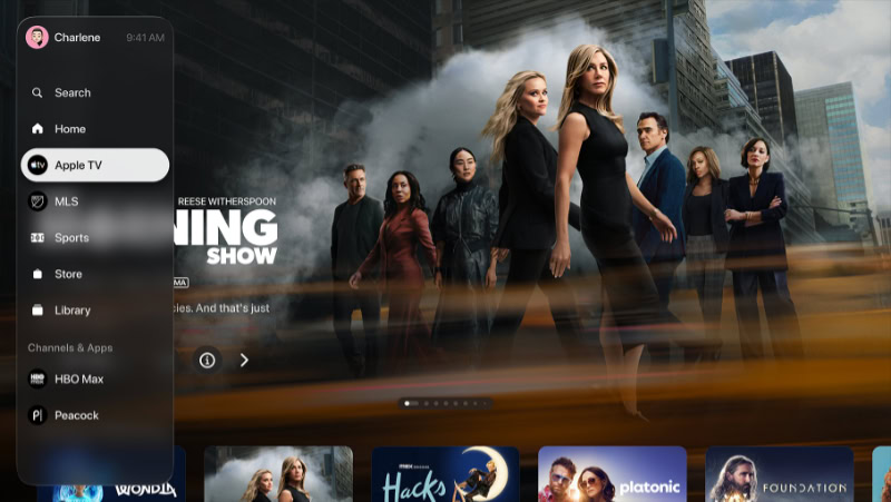 Apple TV app interface showing sidebar navigation menu
