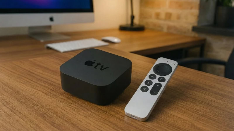 Apple TV console and Siri Remote on wooden desk