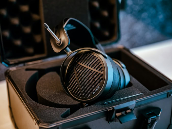 Audeze headphones in protective hard case