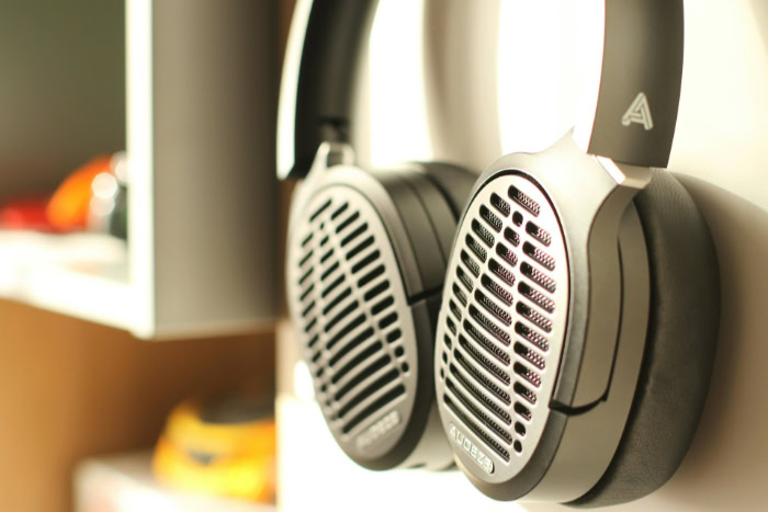 Audeze over ear headphones close up on desk