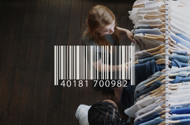 People shopping with barcode showing