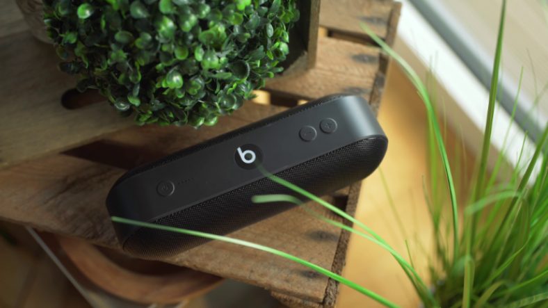 Black Beats Pill+ near green plants on wooden table
