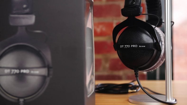 Black Beyerdynamic DT 770 PRO 80 on silver headphone stand