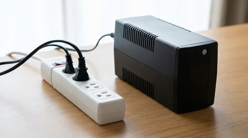 Black UPS unit and white power strip on desk