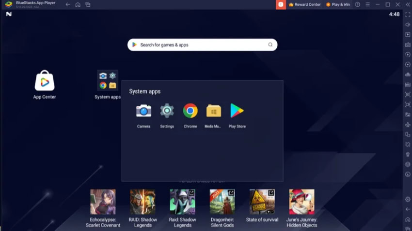 BlueStacks Android emulator home screen on Windows