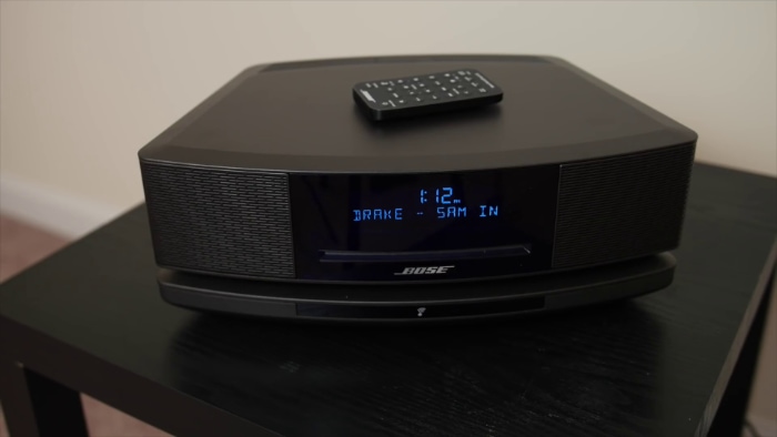 black Bose Wave Music System IV with remote on top