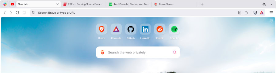 Brave browser new tab with search and site links