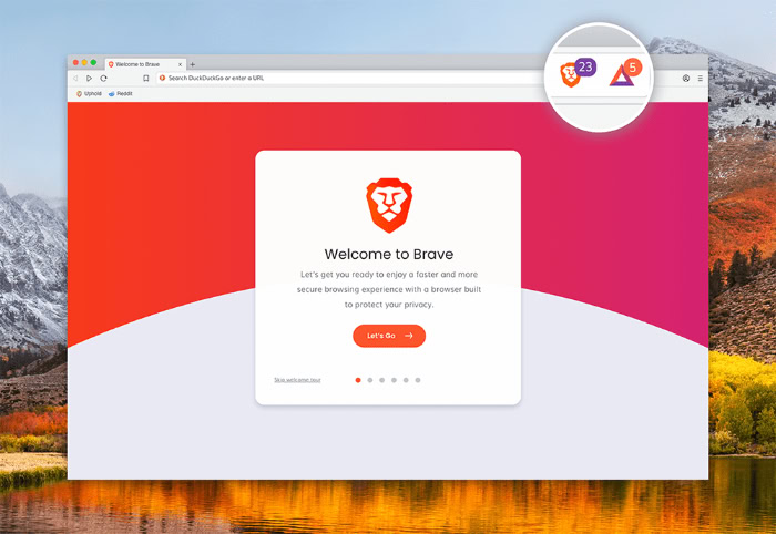 Brave browser welcome screen with shields and rewards