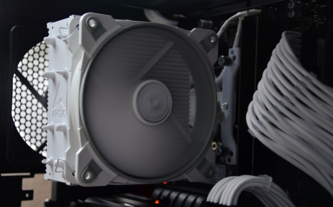 White CPU cooler on motherboard
