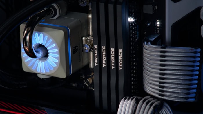 CPU cooler with blue LED lighting and T Force RAM modules