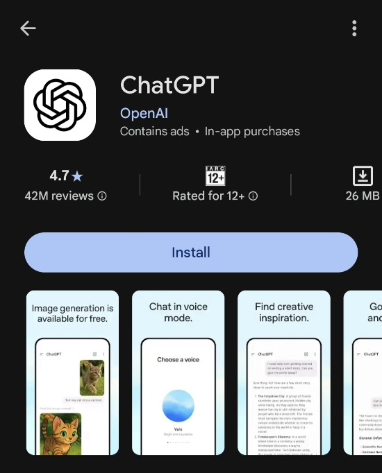 ChatGPT app listing page on Google Play Store