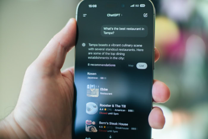 ChatGPT app showing restaurant recommendations on smartphone