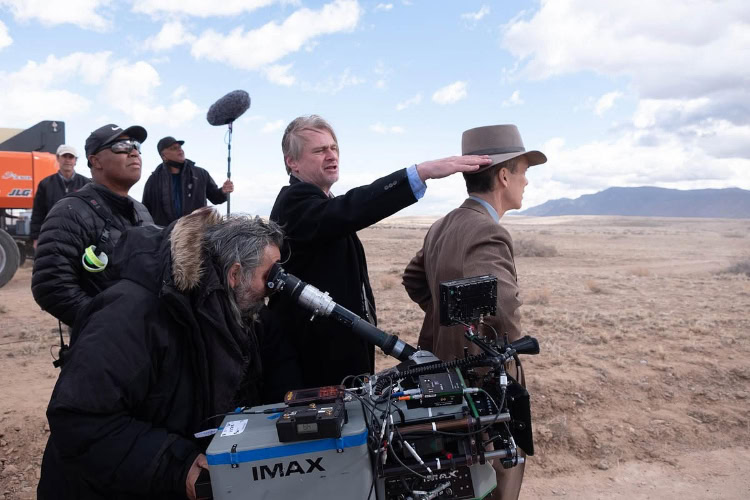 Christopher Nolan directing Cillian Murphy on Oppenheimer set
