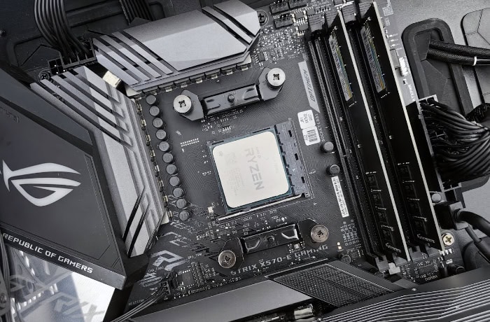 Close up of AMD Ryzen CPU installed on gaming motherboard