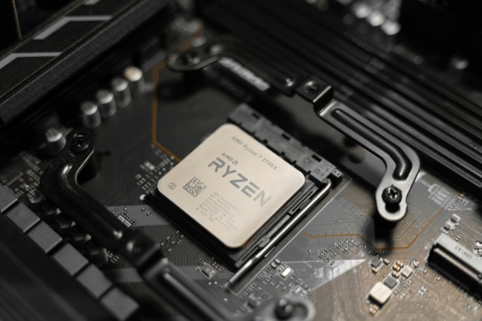 Close up of AMD Ryzen CPU installed on motherboard