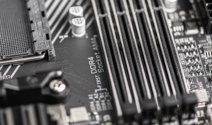 Close up of DDR4 RAM slots on a computer motherboard