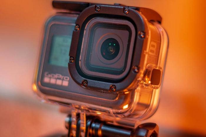 Close up of GoPro camera in waterproof housing