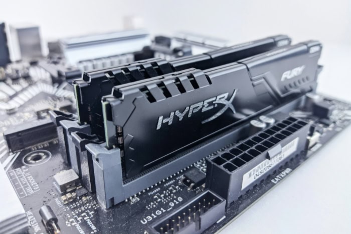 Close up of HyperX Fury RAM installed on a motherboard