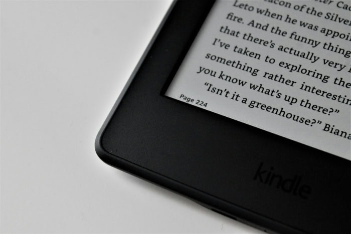 Close up of Kindle e reader screen showing