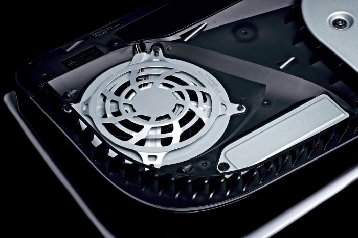 Close up of PS5 internal cooling fan and components