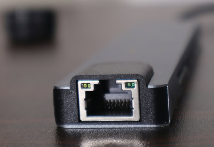Close up of RJ45 Ethernet port on network adapter