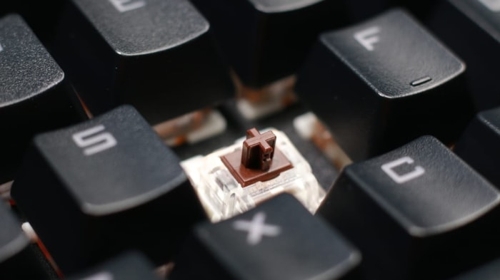 Close up of a mechanical keyboard with a single brown switch visible