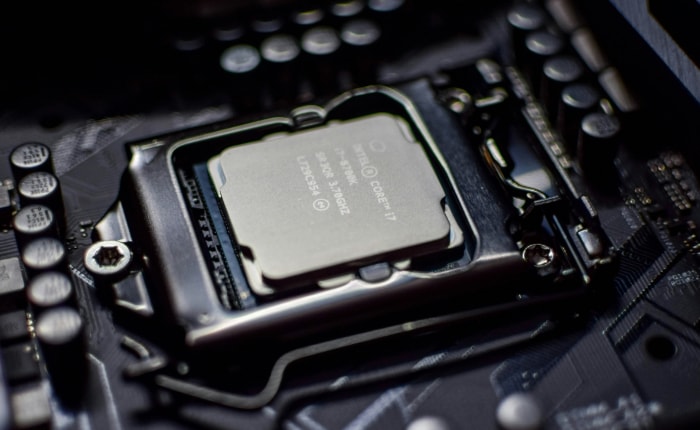 Close up of an Intel Core i7 processor seated on a motherboard