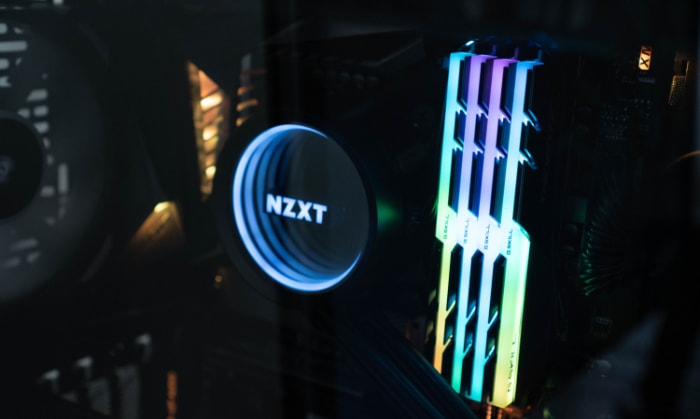 Close up of an NZXT cooler and G.SKILL RGB RAM in a computer case