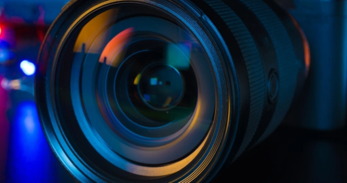 Close up of camera lens on table