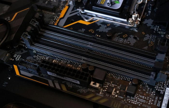 Close up of motherboard RAM slots and components