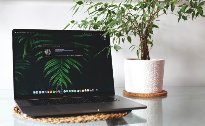 Close up view of a MacBook Pro with a nature themed wallpaper