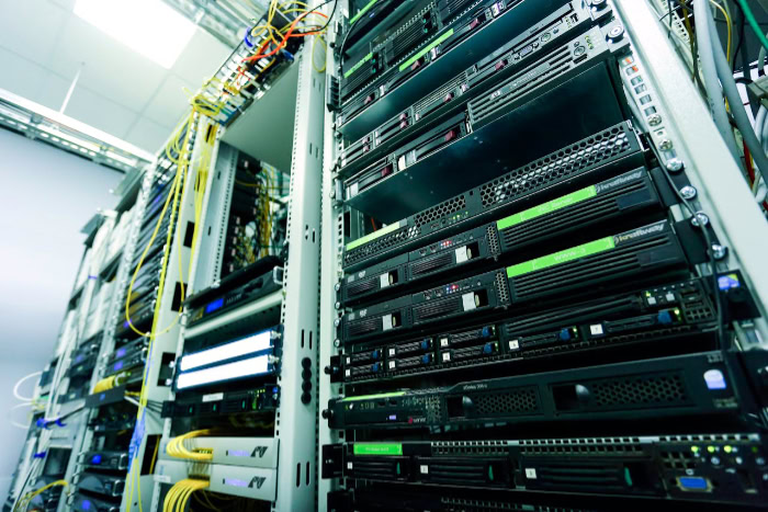 Closeup of server racks with network cables