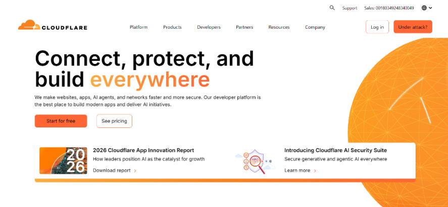 Cloudflare homepage featuring developer platform and AI security