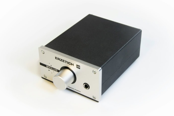 Compact Erzetich Bacillus headphone amplifier with metal front panel