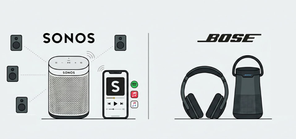 Comparison illustration of Sonos and Bose audio products